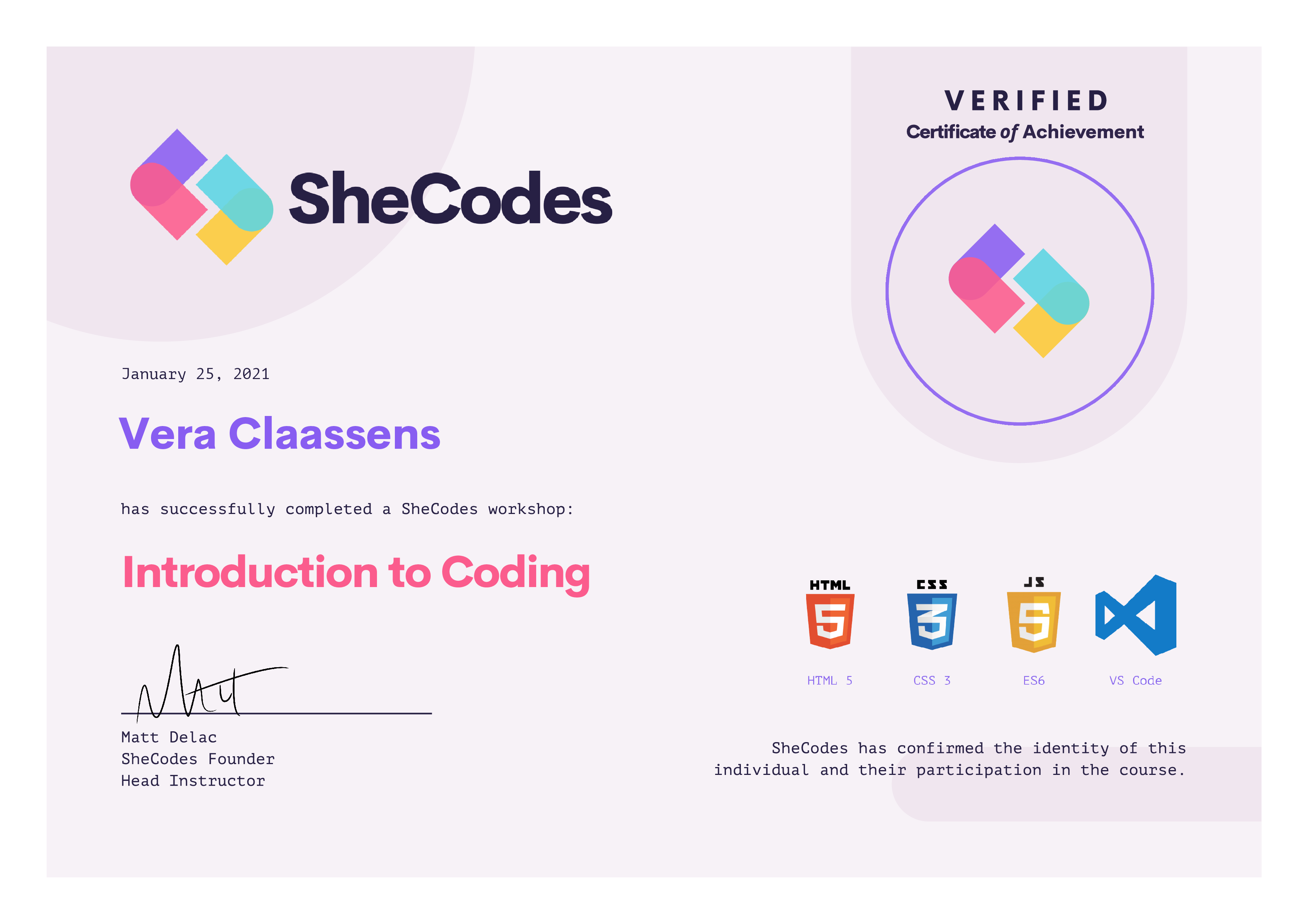 Vera Claassens SheCodes Basics Certificate